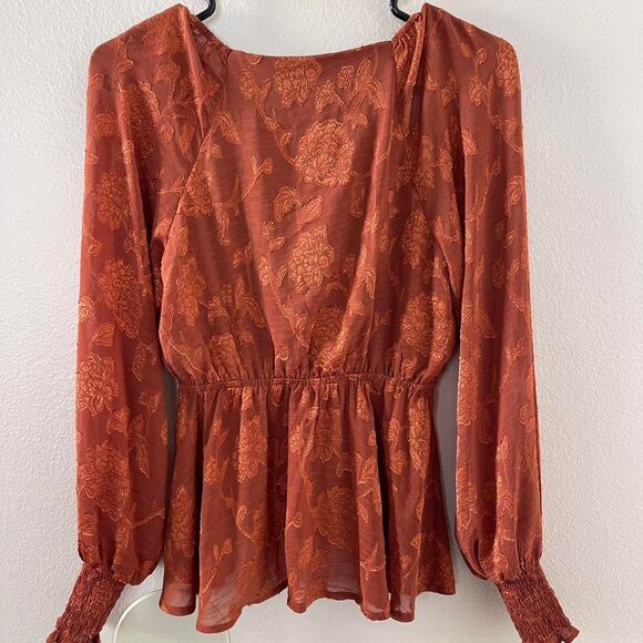 Women's Burnt Orange floral long sleeve blouse with tie front detail XS/S - Picture 5 of 7